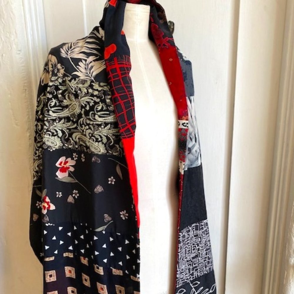 STUNNING REVERSIBLE HANDMADE PATCHWORK SILK CAPE 85 INCHES LONG X 22" WIDE
